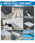 Straight Up Heavy Duty Liquid Butyl Rubber Roof Coating Featuring Zero Hassle Waterproof Sealing One Coat Application Bonding Like Crazy To Nearly Every Surface In A Top Tier Five Gallon White Bucket on various roof types.
