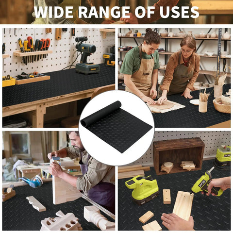 Non Slip 2mm Thick Work Bench Pad 48 By 17 Inch Textured PVC Mat for Woodworking DIY Garage and Tabletop Protection installed.