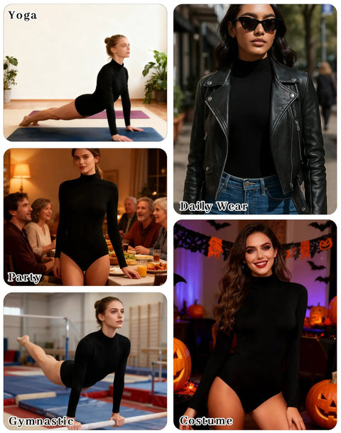 Back Zip Turtleneck Ballet Leotard for Women worn during yoga, party, daily wear, gymnastics, and costume events.