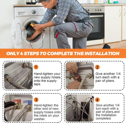 Installation guide for 15Ft Stainless Steel Washing Machine Hoses Two Pack With Hot And Cold Water Lines Universal Fit For All Washers Burst Proof And Leak Free Striped Tubing 10 Year Warranty.