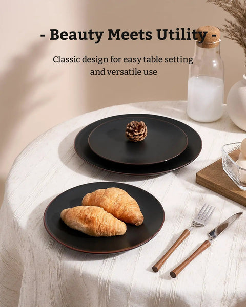 Venus 12 Piece Stoneware Plates And Bowls Set With Trim Chip Resistant Dinnerware For Four Matte Black on table