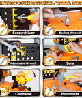 Kids Tool Bench With Electric Drill And Construction Vehicles 2 In 1 Workbench showcasing various tools for STEM learning