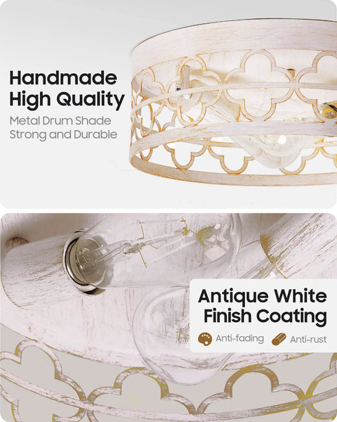 Semi Flush Mount Ceiling Light Fixture In Modern Farmhouse Style With Antique White Finish, Quatrefoil Drum Shade close-up