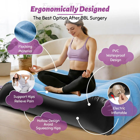 BBL Post Surgery Recovery Bed With U Shaped Cutout Hole Butt Lift Pressure Relief Sleeping Pad Chill Out In Comfort Zero Gravity Rest Cushion For Smooth Aftercare Healing, showing ergonomic design and user sitting.