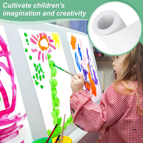 Child painting with industrial-grade White Kraft Paper Roll 15 Inch Wide By 354 Inch Long, ideal for arts and crafts.