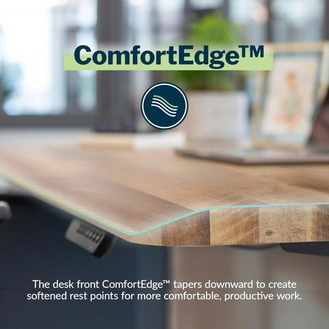 Close-up of the ComfortEdge™ ergonomic design on Heavy Duty Dual Motor Electric Standing Desk with reclaimed wood top.