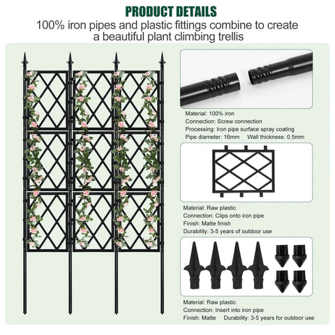 Tall 5.25 Ft Garden Trellis Iron Pipe Metal Plant Support detailed view with climbing ivy, fittings, and connectors.