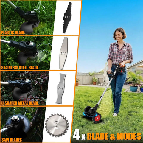 Cordless 3 In 1 Electric Weed Wacker With 21V Battery No String Trimmer, showing attachments, 4 blades, and woman using in garden.