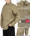 Flame Resistant Long Sleeve Welding Shirt With Pearl Snap Front Heavy Duty Cotton Twill Workwear In Khaki FR Rated Two Front Pockets Adjustable Cuffs Pen Slot 7.5 Oz Mens Size Large shown in close-up with features highlighted