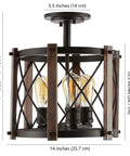 Oil Rubbed Bronze 14 Inch 3-Light Iron Flush Mount Ceiling Light, Rustic Farmhouse Diamond Basket Light Fixture For Kitchen Or Hallway, UL Listed, LED Bulbs Included. Side view showing diamond pattern and light bulbs.