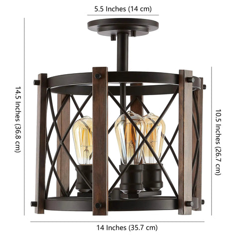 Oil Rubbed Bronze 14 Inch 3-Light Iron Flush Mount Ceiling Light, Rustic Farmhouse Diamond Basket Light Fixture For Kitchen Or Hallway, UL Listed, LED Bulbs Included. Side view showing diamond pattern and light bulbs.