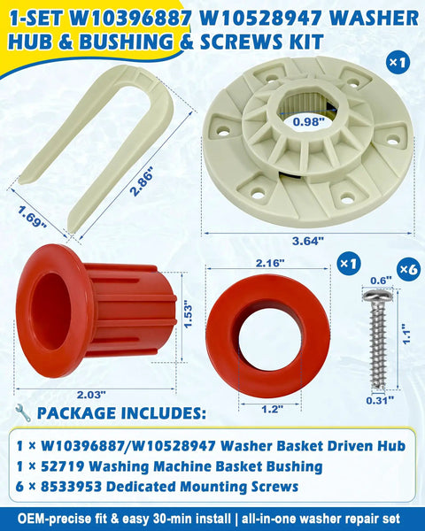 Washer Basket Driven Hub All In One Replacement Kit With Vibration Reducing Bushing And Mounting Screws Easy Install Durable Parts Replaces AP5665171 PS6012095 W10396887 W10528947 Fits Whirlpool Maytag Kenmore, kit components
