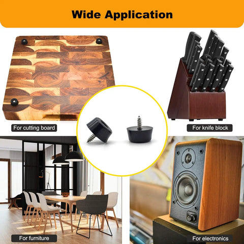 Non Slip Rubber Feet For Cutting Boards With Stainless Screws 12 Pack shown on cutting board, knife block, furniture, and speaker