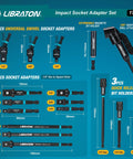 All In One 17 Piece Impact Socket Adapter Set For One Quarter Inch, Three Eighths Inch, And One Half Inch Square Drive With Quick Release Bit Holders And 360 Degree Swivel Adapters Pro Grade Heavy Duty Drill Accessory Kit, assorted adapters