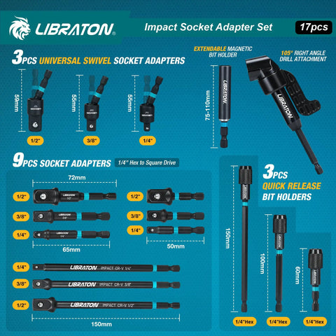 All In One 17 Piece Impact Socket Adapter Set For One Quarter Inch, Three Eighths Inch, And One Half Inch Square Drive With Quick Release Bit Holders And 360 Degree Swivel Adapters Pro Grade Heavy Duty Drill Accessory Kit, assorted adapters