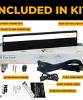 Components of the 18 Inch Under Cabinet Lighting Kit in Black Finish, including connectors, screws, cords, and instructions.