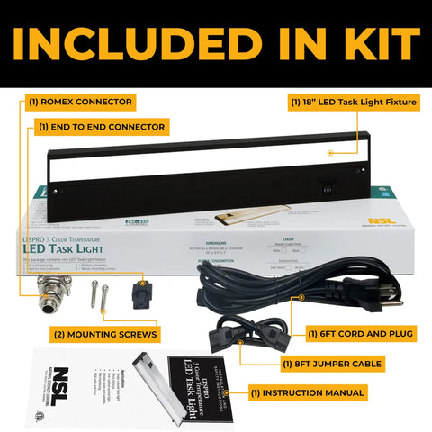 Components of the 18 Inch Under Cabinet Lighting Kit in Black Finish, including connectors, screws, cords, and instructions.
