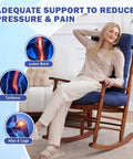 Woman seated on navy cushioned rocking chair indoors, Rocking Chair Cushions Set Navy Blue Tufted Waterproof Fade Resistant Indoor Outdoor Cushions With Ties Includes 17x17 Inch Seat Cushion And 21x17 Inch Back Cushion