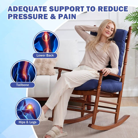 Woman seated on navy cushioned rocking chair indoors, Rocking Chair Cushions Set Navy Blue Tufted Waterproof Fade Resistant Indoor Outdoor Cushions With Ties Includes 17x17 Inch Seat Cushion And 21x17 Inch Back Cushion