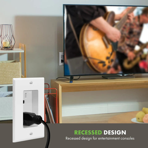 Recessed Duplex Outlet Kit For Wall Mount Tamper Resistant 15A 125V 1 Gang White Finish installed near TV setup