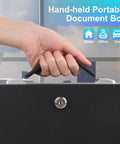 Hand holding Fireproof Document Box With Key Lock Portable Metal Safe With Handy Carrying Handle For Grab And Go Security
