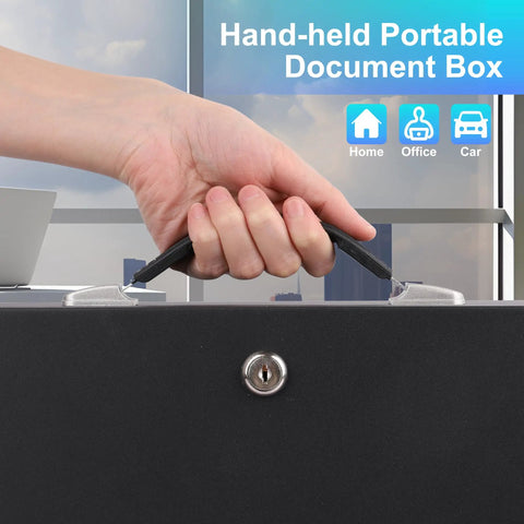 Hand holding Fireproof Document Box With Key Lock Portable Metal Safe With Handy Carrying Handle For Grab And Go Security