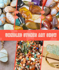 Collage of natural and polished stones, jewelry pieces, and tumbled gems. Text reads 'Unmbled Stones Art Show'.