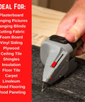 All in One Drywall Tool With Built In Tape Measure And Utility Knife in use on black tile surface, list of ideal materials visible.