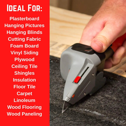 All in One Drywall Tool With Built In Tape Measure And Utility Knife in use on black tile surface, list of ideal materials visible.