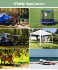 Collage showing 18 Inch Beefy Duty Ground Anchors Screw In Kit With T Handle securing tents, trampolines, trailers, and canopies outdoors