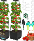 2 Pack Tomato Planter Pots With Raised Bed Trellis And 45 Inch Climbing Cages For No Fuss Self Watering Indoor Outdoor Garden Beds Greenhouse Ready Kit For Tomatoes Peppers Cucumbers And Other Vining Crops, showing complete kit with gloves, shovel, and accessories.