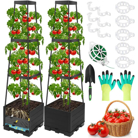 2 Pack Tomato Planter Pots With Raised Bed Trellis And 45 Inch Climbing Cages For No Fuss Self Watering Indoor Outdoor Garden Beds Greenhouse Ready Kit For Tomatoes Peppers Cucumbers And Other Vining Crops, showing complete kit with gloves, shovel, and accessories.