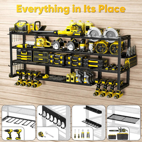 Massive 64 Inch Power Tool Organizer Wall Mount With 1000 Lbs Load Capacity, Heavy Duty 4 Tier Garage Storage Rack With 8 Drill Holders