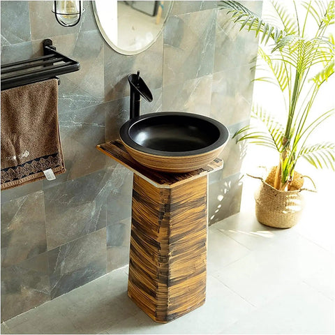 Slick Ceramic Vessel Sink With Retro Industrial Pedestal Basin Design showcased in modern bathroom setting with towel.
