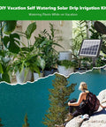 49Ft Solar Drip Irrigation System No Fuss Auto Watering Kit For 15 Pots with plants and solar panel in garden setting.