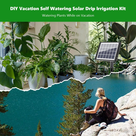 49Ft Solar Drip Irrigation System No Fuss Auto Watering Kit For 15 Pots with plants and solar panel in garden setting.