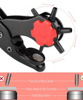 Close-up of a red-handled rotary punch head from the Leather Hole Punch Tool Kit With 240 Rivets for DIY projects.