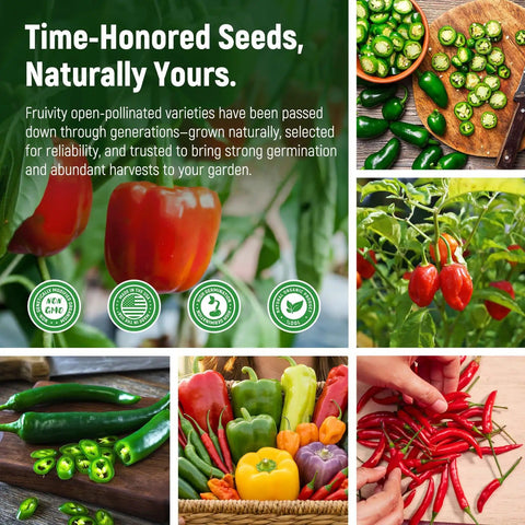 15 Sweet And Hot Pepper Seeds Variety Pack Non GMO Heirloom Garden Seeds For Survival Gardeners displayed in a collage