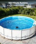 Cordless Pool Vacuum Robot For Daily Pool Maintenance, Floor Cleaning For Above Ground And In Ground Pools, Triple Filtration in use in a large round above-ground pool.