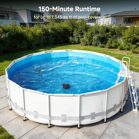 Cordless Pool Vacuum Robot For Daily Pool Maintenance, Floor Cleaning For Above Ground And In Ground Pools, Triple Filtration in use in a large round above-ground pool.