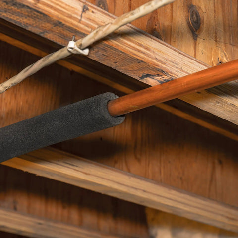 Self-Adhesive Black Foam Pipe Insulation Tube, One Half Inch Wall By Five Eighth Inch Diameter, Six Ft Long applied on copper pipe