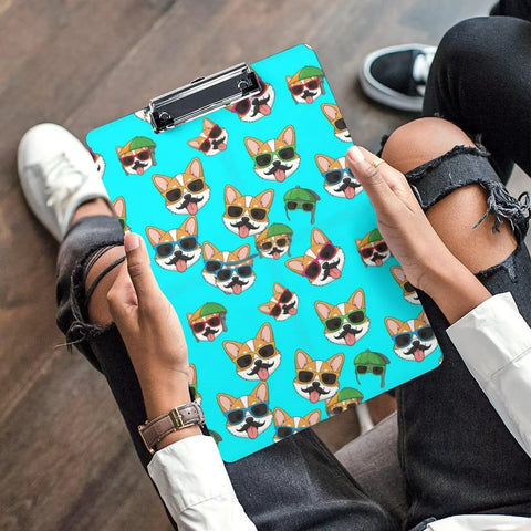 Dope Low Profile Acrylic Clipboard With Adorable Corgi Glasses Print Built For Desk Work Sturdy Writing Surface Fits Standard Letter Or A4 Paper Easy Clip And Smooth Glide For Notes And Sketches. 8.5 x 12.5 in acrylic clipboard with corgi print and metal clip