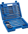 17 Piece Hammer Drill Bits And Chisels Set With SDS Plus Shank in a durable blue storage case, showing 13 drill bits and 3 chisels.