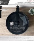 Top view of Dope Matte Black Round Vessel Sink 16 Inch Porcelain Over The Counter Bathroom Basin With Enamel Glaze Finish installed with drain fitting.