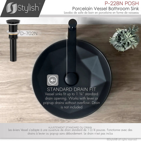 Top view of Dope Matte Black Round Vessel Sink 16 Inch Porcelain Over The Counter Bathroom Basin With Enamel Glaze Finish installed with drain fitting.