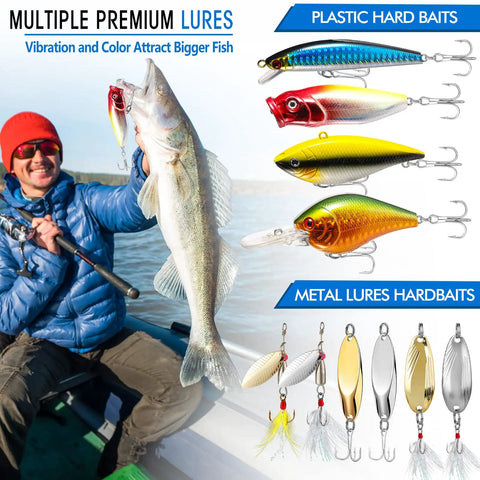 Massive 353 Piece Fishing Lure Gear Kit with angler holding fish and various crankbaits in tackle box setup.