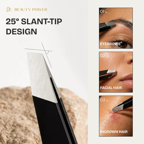 Professional Precision Slant Tweezers For Women And Men Eyebrow Shaping Tool With 25 Degree Slant Tips close-up on eyebrow, facial, ingrown hair use.