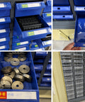 Heavy Duty Steel Tool Storage Cabinet With Locking Drawers And Label Tabs showing blue plastic bins filled with metal parts.