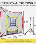 7x7 Foot Baseball Practice Net With Tee And Target For Backyard Training Large Hitting And Pitching Net With Yellow Border Target Pocket For Improved Accuracy Scratch Resistant Base Versatile For All Levels Red, front view