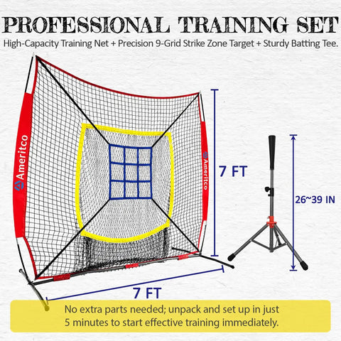 7x7 Foot Baseball Practice Net With Tee And Target For Backyard Training Large Hitting And Pitching Net With Yellow Border Target Pocket For Improved Accuracy Scratch Resistant Base Versatile For All Levels Red, front view